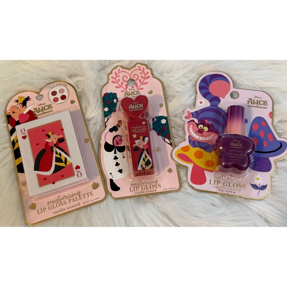Disney Alice in Wonderland Lip Gloss Set Queen of Hearts Cheshire Cat 3pc NEW